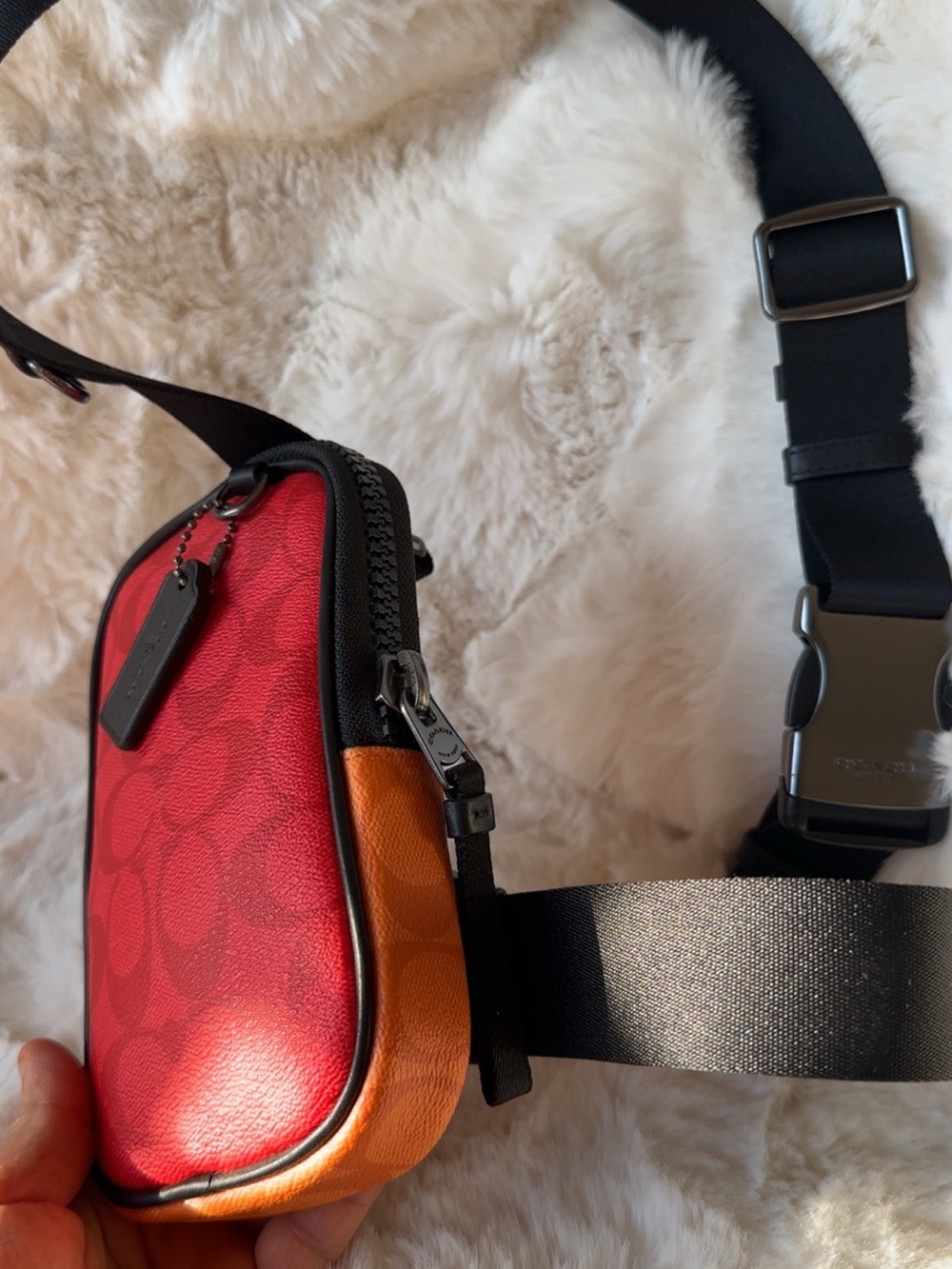 Coach Red and Orange Belt Bag with Black Strap